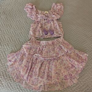 LoveShackFancy Matching Floral Ruffled Sleeveless Top(XS) & Mini Skirt (00) Set